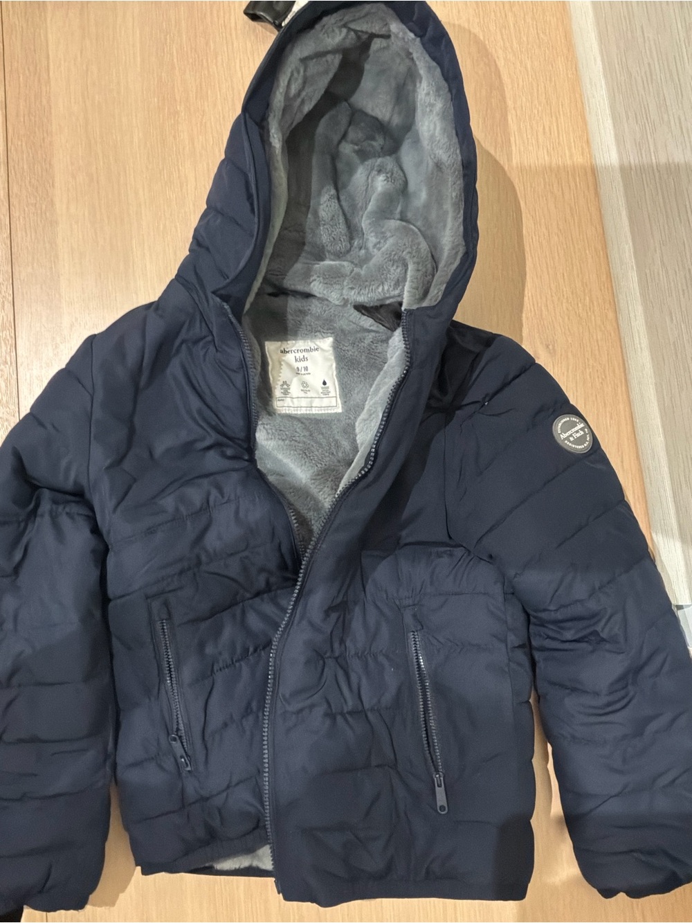 abercrombie kids Navy Hooded Puffer Jacket with Gray Faux Fur